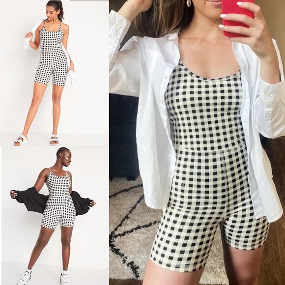 Old Navy PowerChill Racerback Bodysuit Black and White Plaid Size Small - Picture 1 of 12